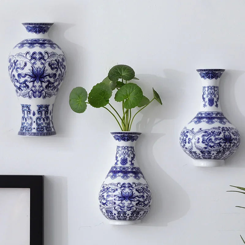 Antique Blue and White Porcelain Wall-Hanging Vase Ceramic Flower Container for Lucky Bamboo and Living Room Decor
