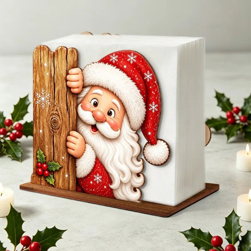 Santa Claus Wooden Napkin Holder - Holiday Tabletop Napkin & Tissue Holder, Christmas Dining Decor
