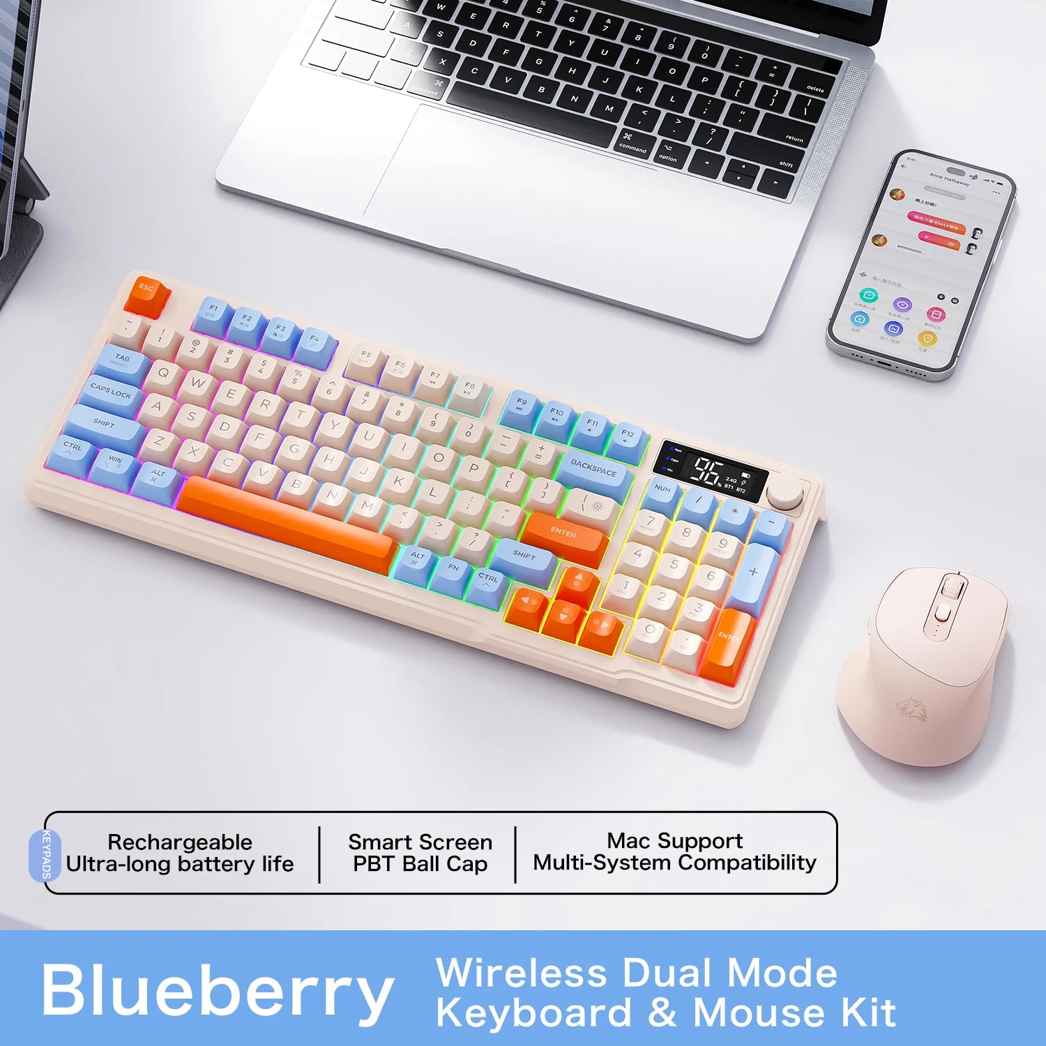 96-Key Wireless Mini Keyboard with Smart Screen - Bluetooth & 2.4GHz Dual-Mode, Multi-Device Linking, Ergonomic RGB Backlit
