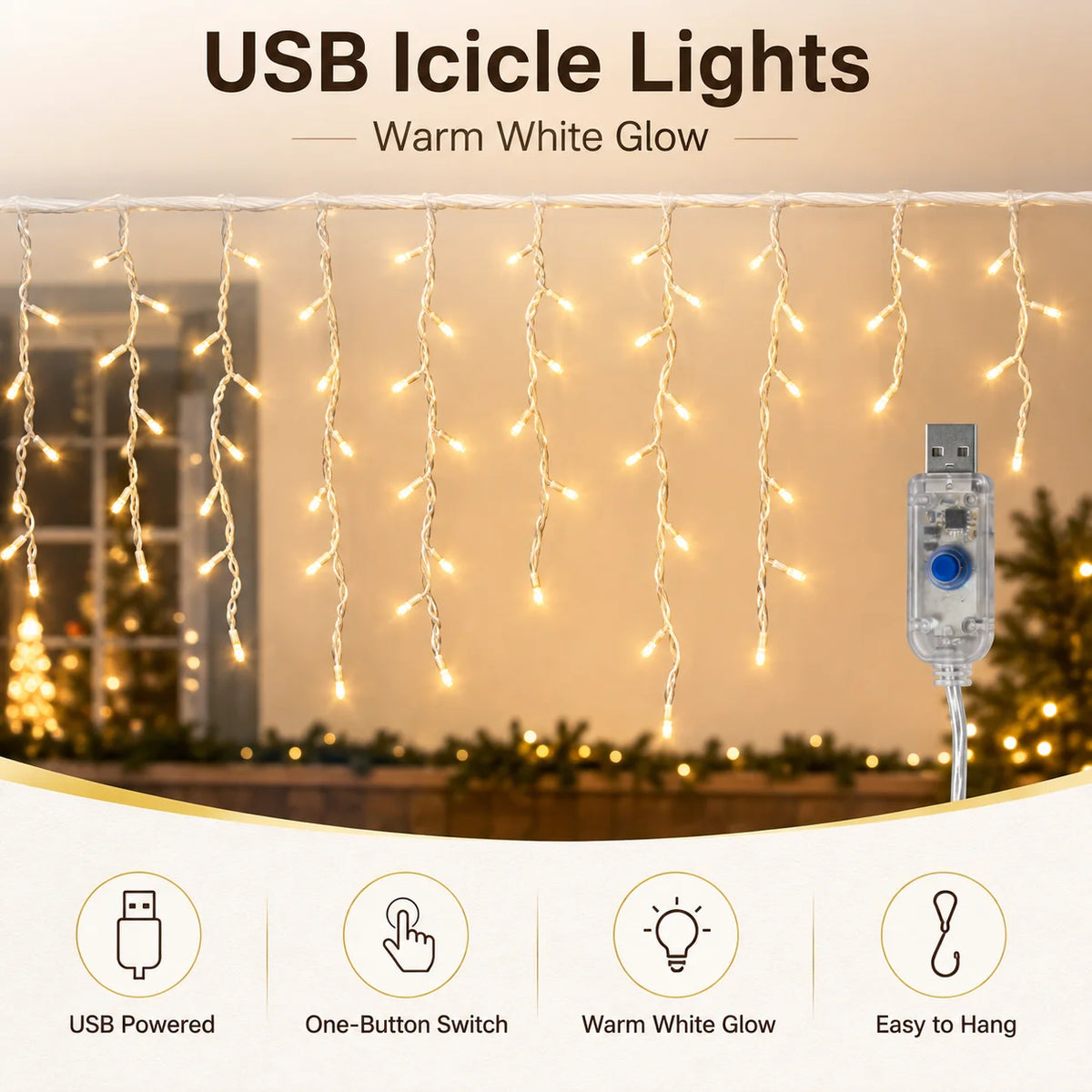 USB LED Icicle Curtain String Lights — 6M (19.7 ft) 100 LED & 10M (32.8 ft) 200 LED, 8 Modes for Window, Porch, Roof, Holiday & Halloween Christmas Decor