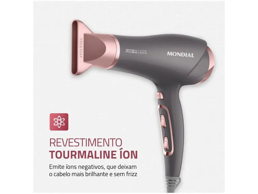 Keratin Hair Dryer 220V - Tourmaline Ionic, Ceramic Grill, Cold Shot & Concentrator Nozzle - Graphite/Rosé