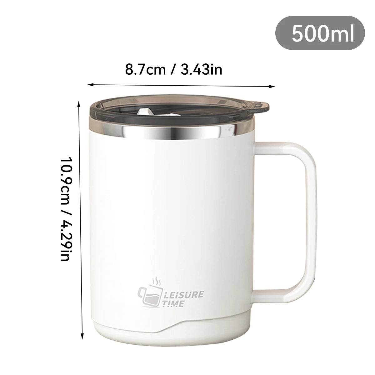 500ml (16.9oz) 304 Stainless Steel Double-Layer Insulated Travel Mug with Handle, Sealed Vacuum Flask