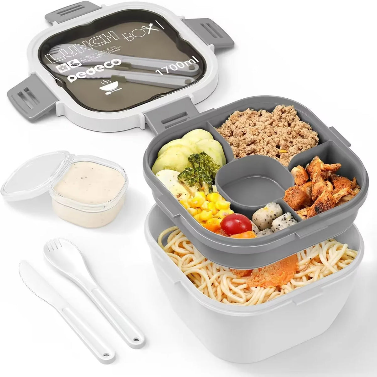 All-in-One Salad Lunch Container 50 fl oz (1.5 L) Stackable Bento Box – 3-Compartment Tray, Leak-Proof Dressing Cup & Reusable Utensils, Dishwasher & Microwave Safe