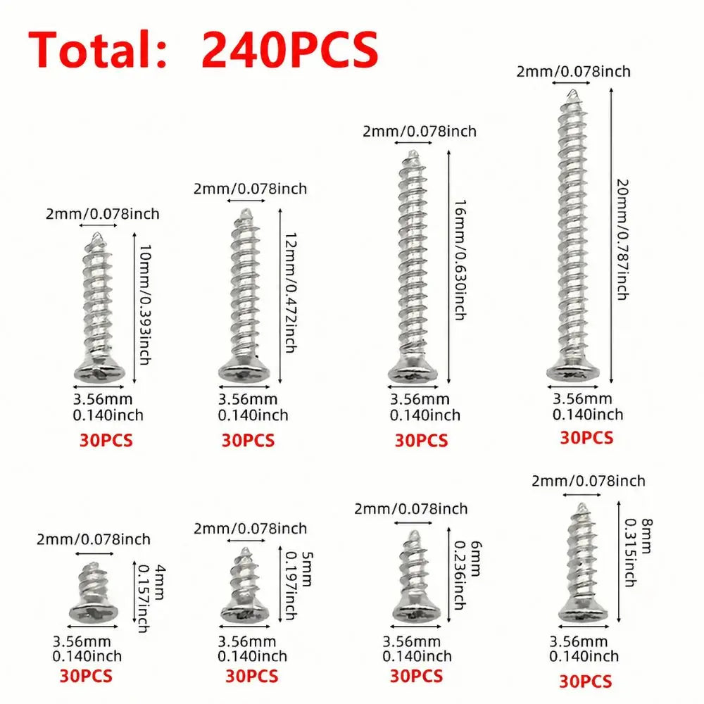 240-Piece Self-Tapping Wood Screw Set — 8 Sizes M2 (2mm) Flat Head Iron Screws with Organizer Box