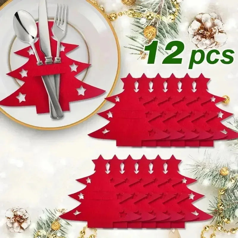 12-Pack Christmas Tree Felt Placemats with Fork and Spoon Pockets Holiday Table Decorations