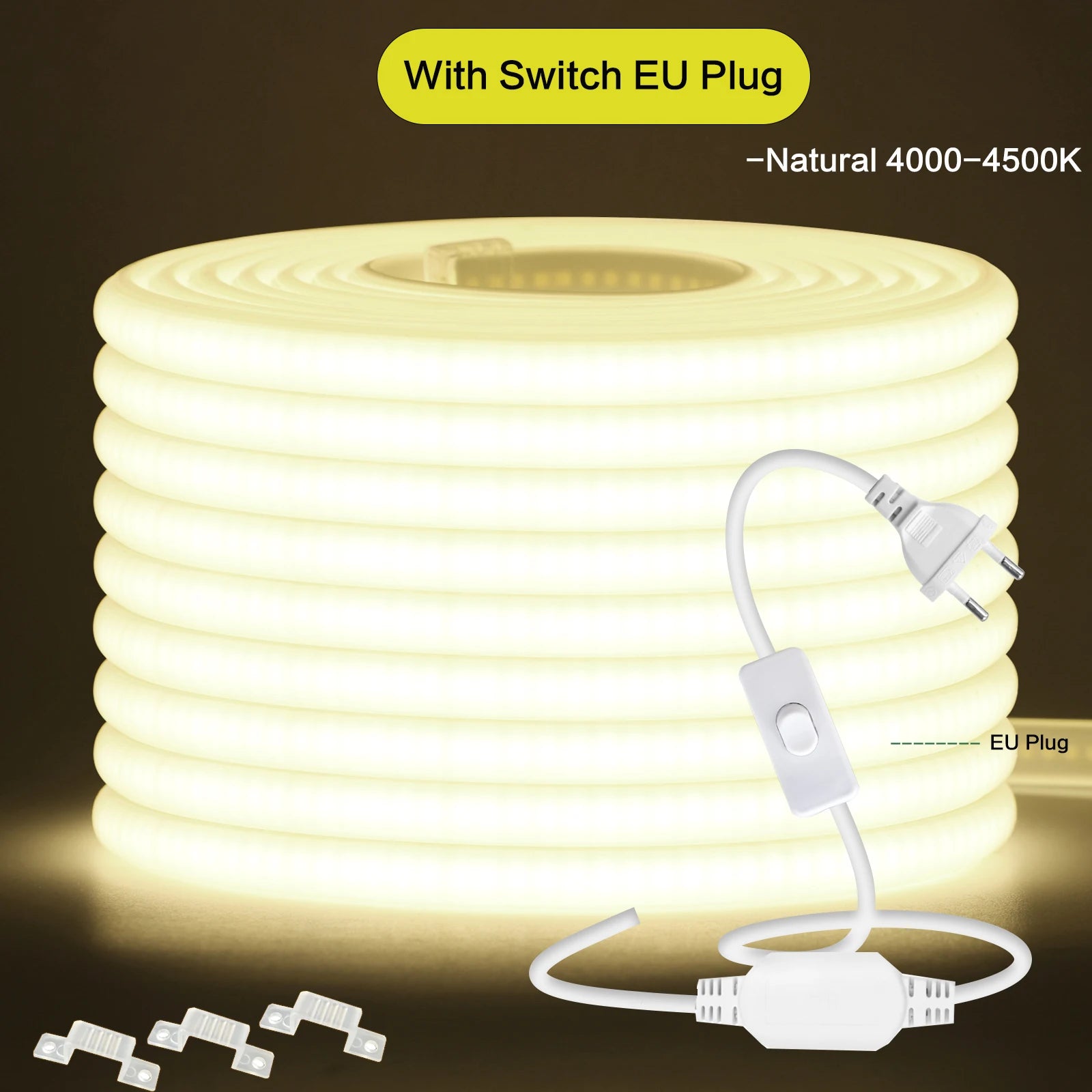 220V COB LED Strip Light 288 LEDs/m IP65 Dimmable with Switch or Dimmer Plug — 3000K 4000K 6000K Waterproof Indoor/Outdoor