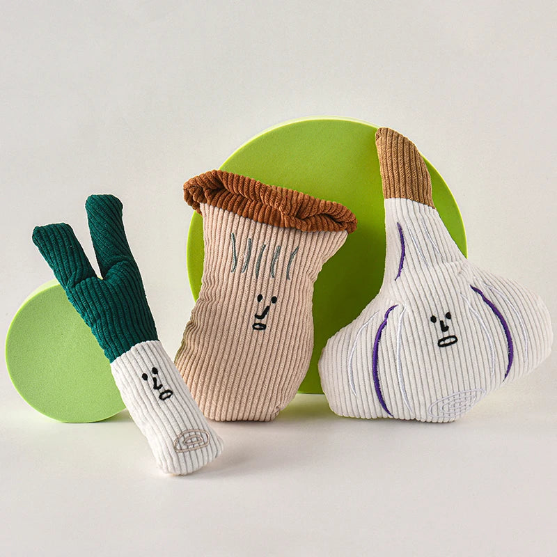 3-Pack Plush Squeaky Dog Toys — Garlic, Mushroom & Onion Soft Fleece Squeakers for Small & Medium Dogs