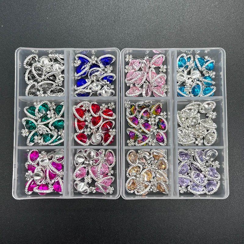 6-Grid Nail Rhinestone Kit – Saturn, Planet & Cross Crystal Nail Charms for Nail Art