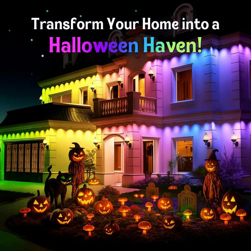 FanzyMarket RGBIC eave string lights outdoor LED strip with app and remote control, suitable for patio and holiday decor.