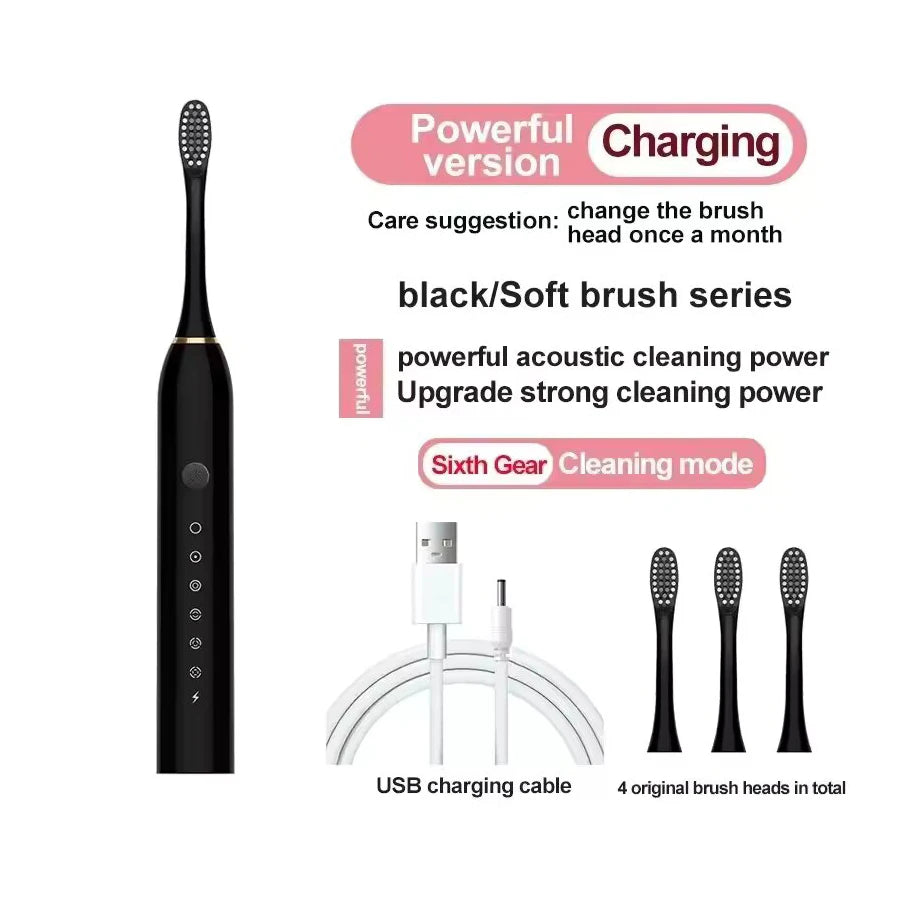 Ultrasonic Electric Toothbrush, 6-Speed USB Rechargeable Waterproof Adult Toothbrush with Soft Bristles & 4 Brush Heads