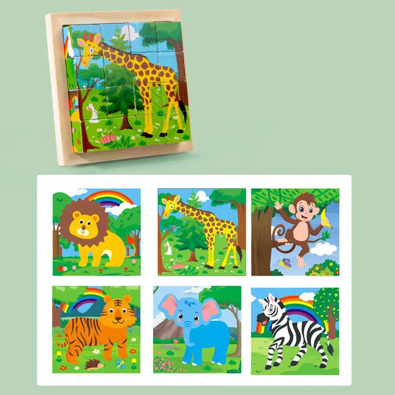 Wooden Six-Sided Animal Matching Puzzle Blocks Set – Montessori Early Learning Toy (Ages 3+)