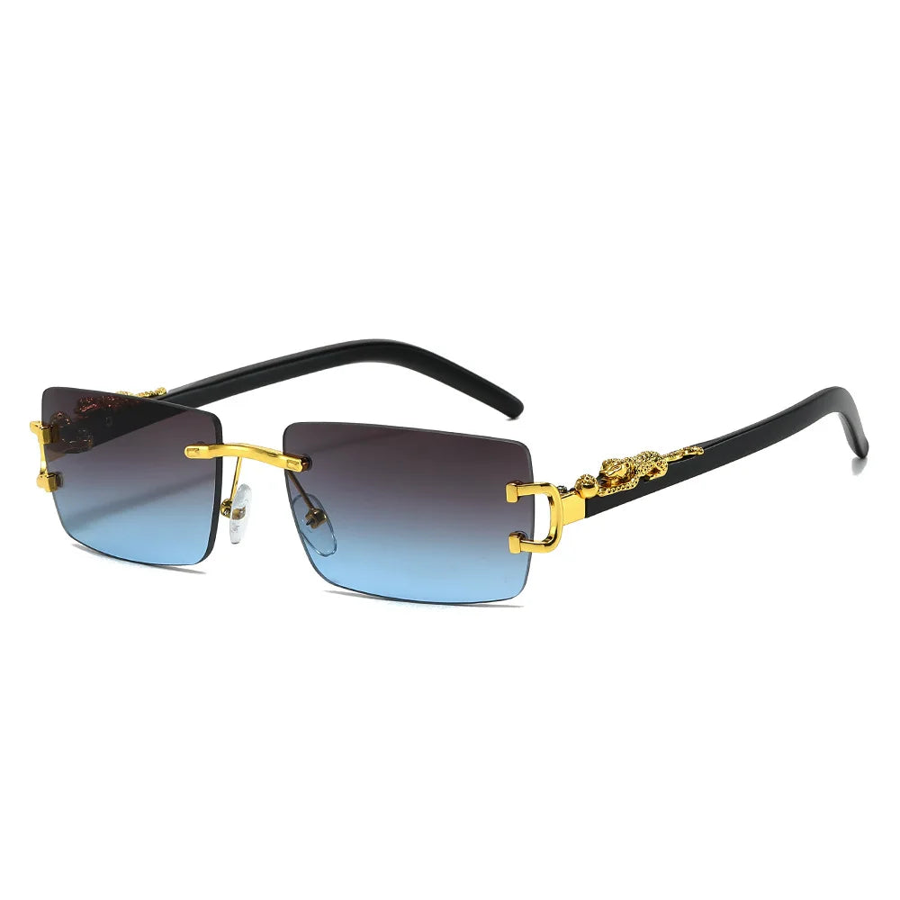 Rimless Rectangular Sunglasses with Cheetah Accent, UV400 Sun Protection, Unisex