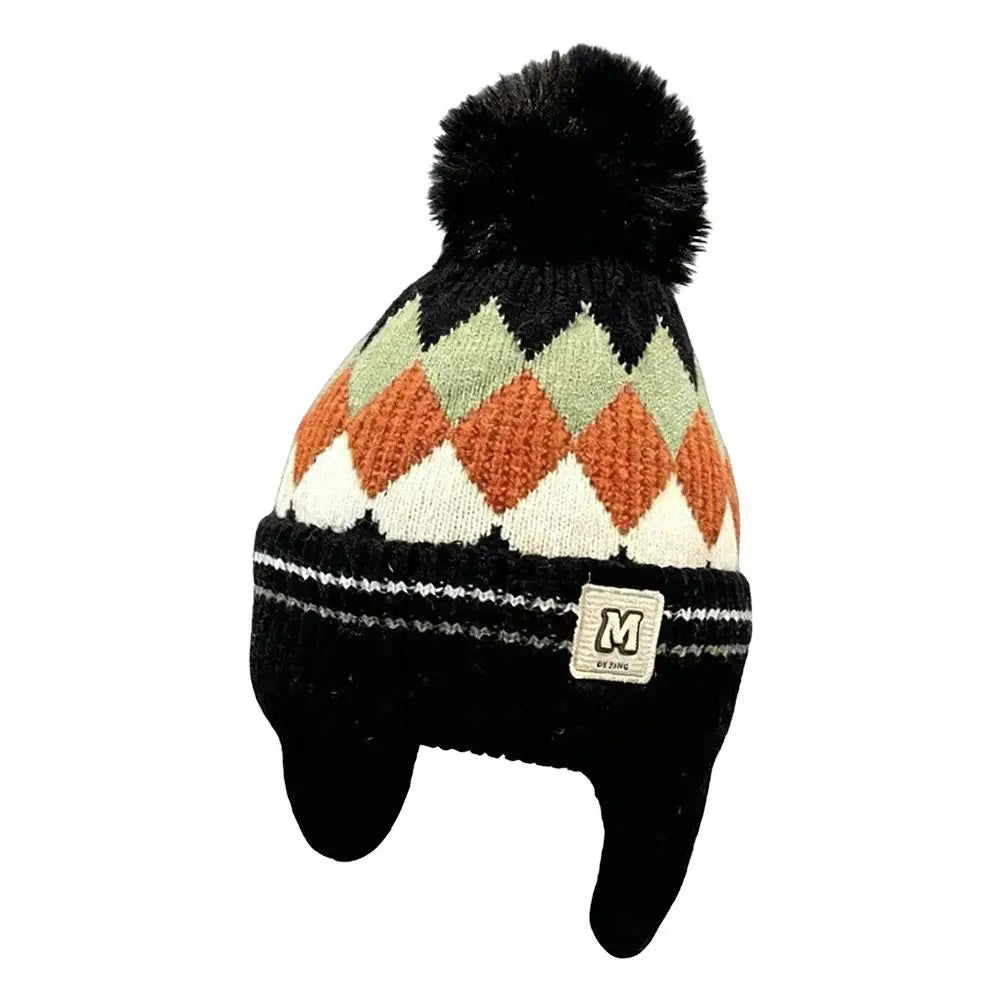 Kids Knitted Winter Beanie with Pom Pom & Earflaps - Fleece-Lined Windproof Toddler Hat 48-54 cm (18.9-21.3 in) - Children's Gift