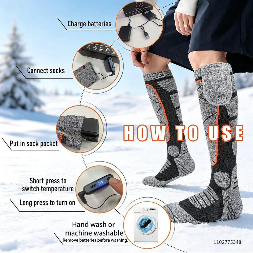 Rechargeable Heated Socks 6000mAh Electric Thermal Ski & Snowboard Foot Warmers for Winter Outdoor Sports