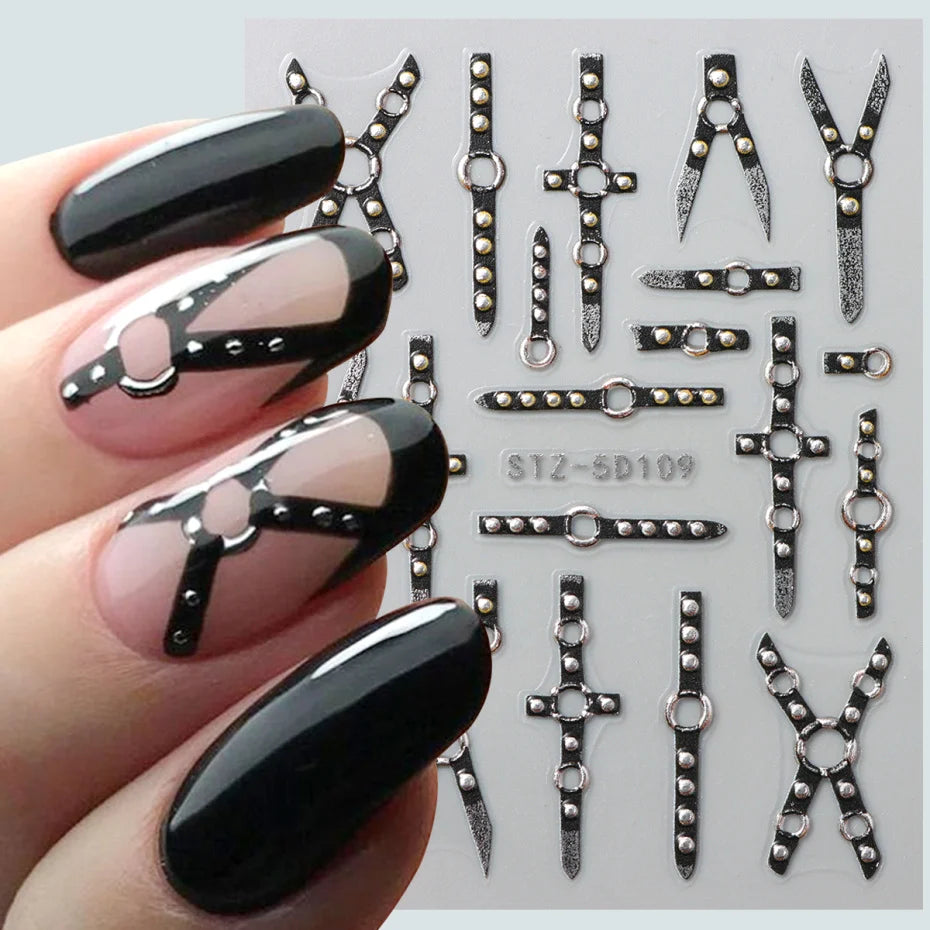 5D Gothic Punk Nail Stickers - Embossed Black Stripe Bandage Glitter Nail Decals (6×8 cm | 2.4×3.1 in)