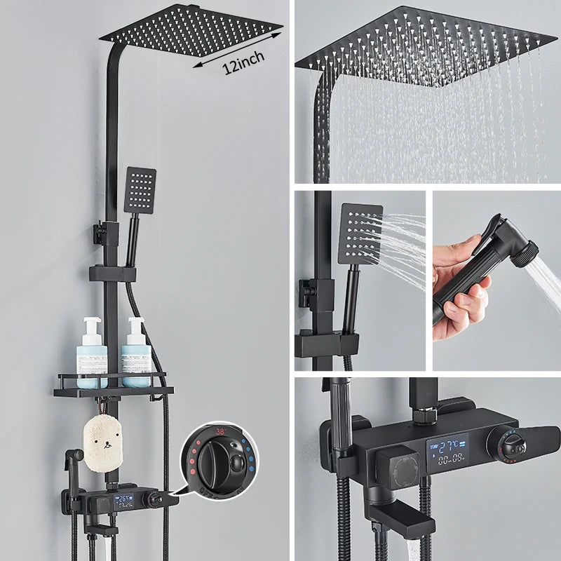 Black Thermostatic Shower Mixer with Digital Display, 4-Way Valve, 8-Inch (20 cm) Rainfall Head & Shelf