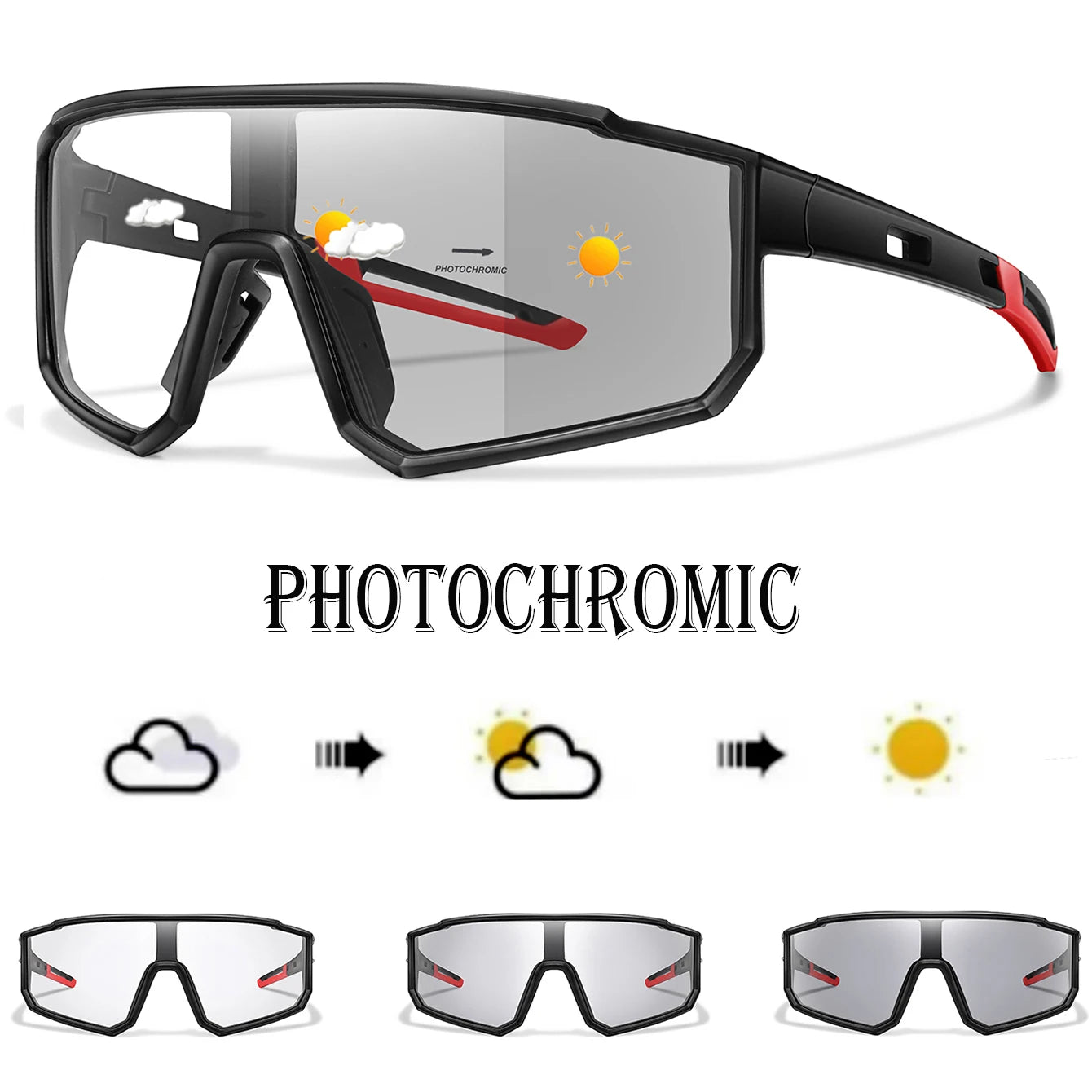Unisex Photochromic Road Bike Sunglasses - Polycarbonate Lenses, 142 mm (5.6 in) W x 58 mm (2.3 in) H