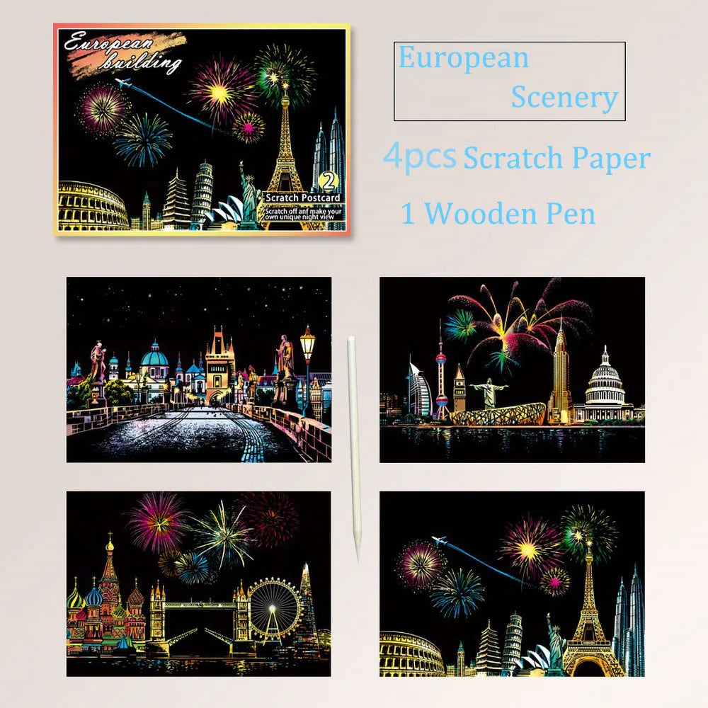 DIY Scratch Art Postcards A5 (20 x 14 cm | 7.9 x 5.5 in) 4‑Pack Night Scene Rainbow Scratch‑Off Sheets with Bamboo Stylus — Kids & Adult Craft Gift