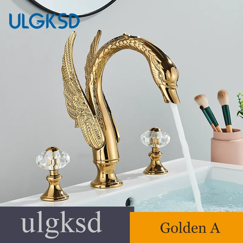 Golden Swan-Shaped Bathroom Faucet 3-Piece Basin & Tub Mixer with Dual Crystal Handles, Hot & Cold