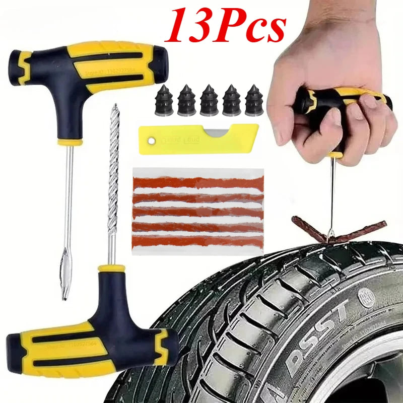 7/13-Piece T-Handle Tire Repair Kit - Tire Plug Repair Kit with Spiral Probe, Fork Tool, Repair Strips & Pliers for Car Motorcycle ATV
