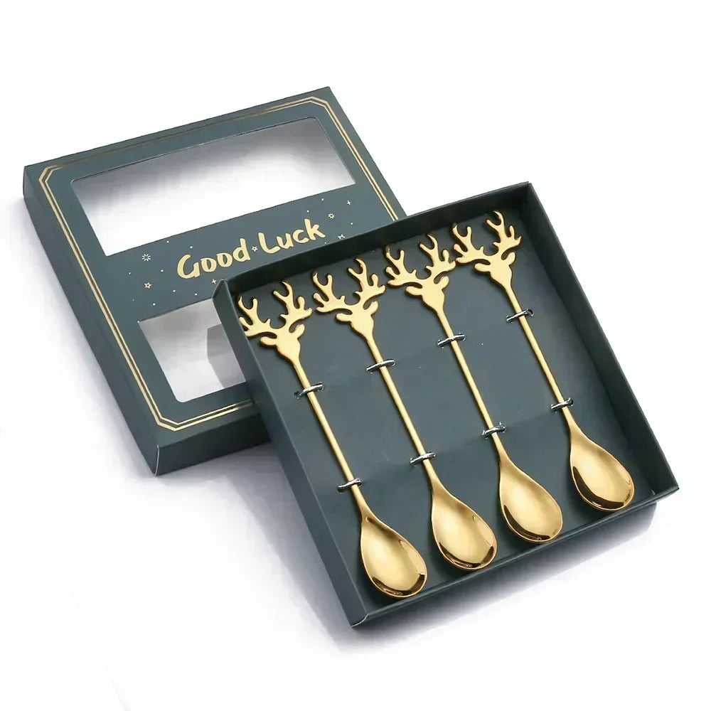 4-Piece Stainless Steel Christmas Cutlery Set – Spoon & Fork Holiday Table Decor with Elk & Tree Ornaments