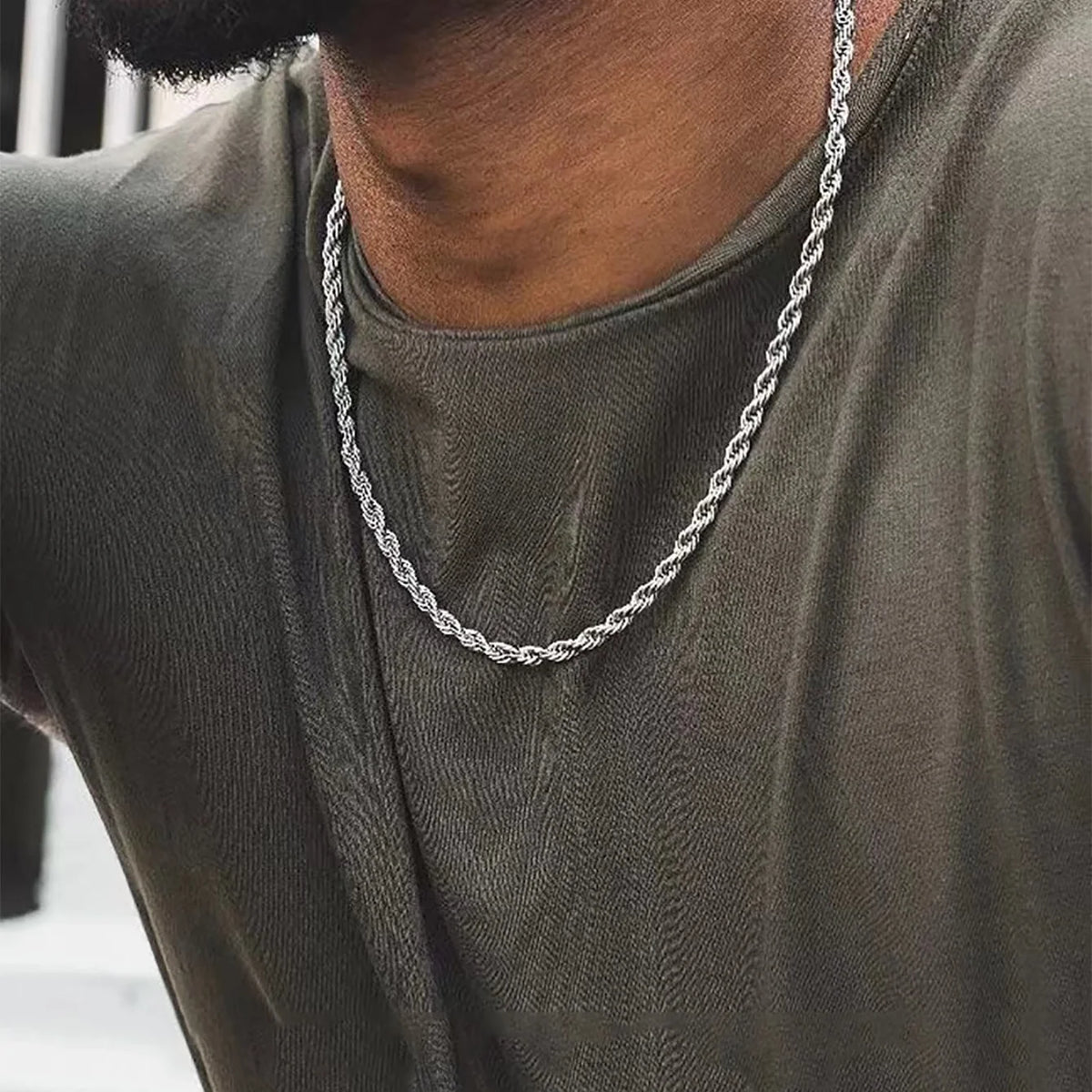 Silver Stainless Steel Rope Chain Necklace — Twisted Singapore Link for Men & Women, Widths 2mm/3mm/4mm/5mm (0.08–0.20 in)