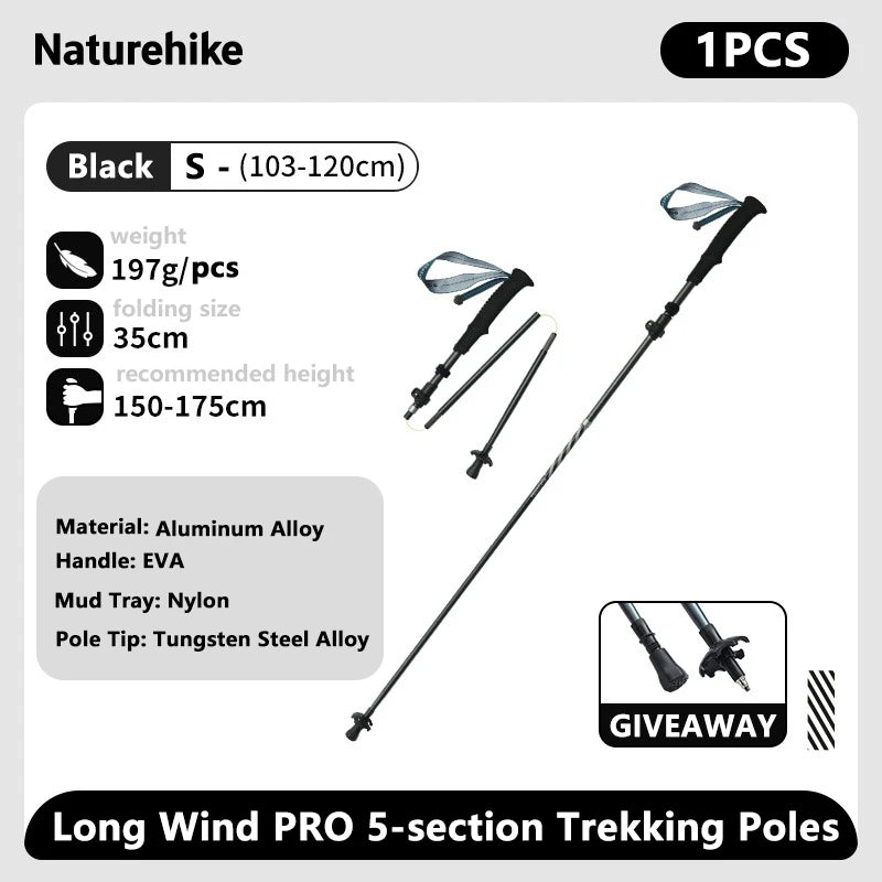 Ultralight Carbon Fiber 5-Section Folding Trekking Poles, Collapsible Quick-Lock Hiking Poles Adjustable 103–120 cm (40.6–47.2 in) or 115–135 cm (45.3–53.2 in)