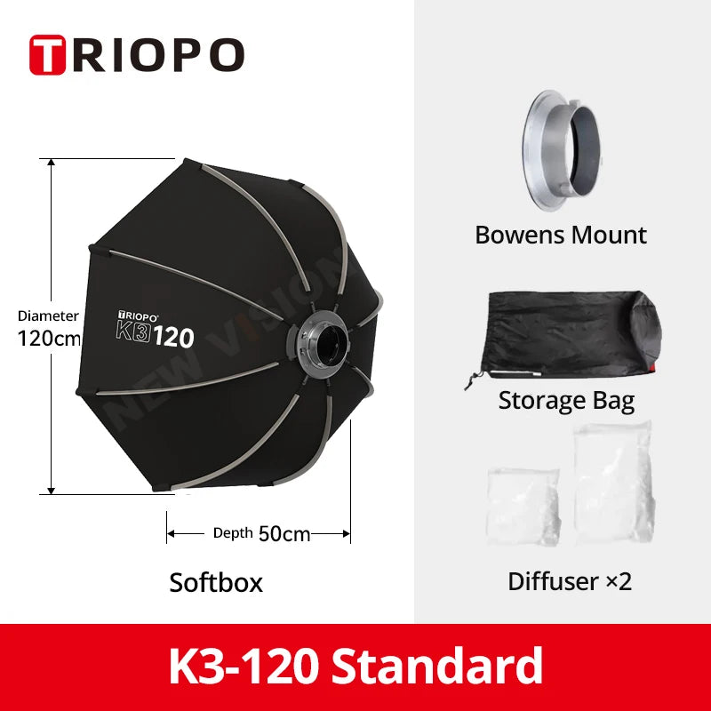 Quick-Setup Octagon Softbox with Bowens Mount — 55/65/90/120cm (21.7/25.6/35.4/47.2 in) for Studio LED Video Lights