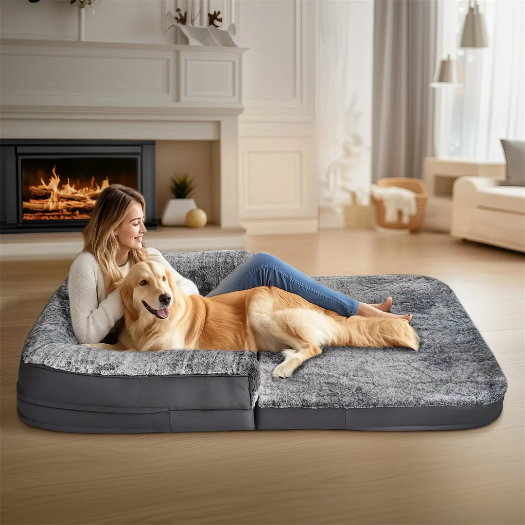 Human-Size Giant Dog Bed 180cm (70.9in) Foldable Orthopedic Plush Pet Bed with Removable Cover & Bolster