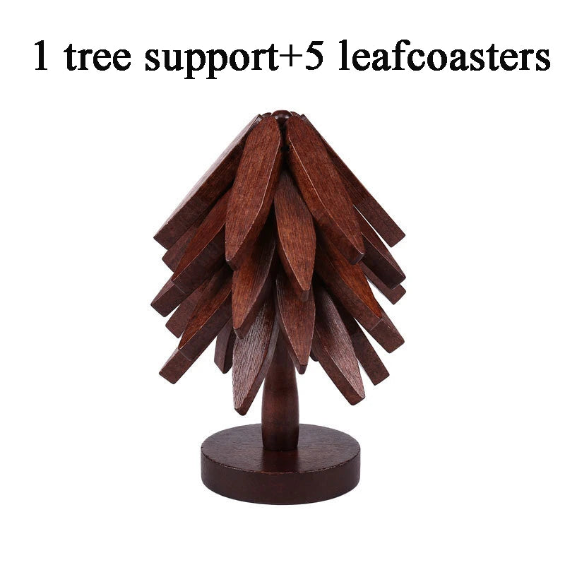 Tree-Shaped Wooden Trivet Set – 4 Foldable Trivets + Stand | Natural Wood Hot Pads for Pots, Teapots & Bowls
