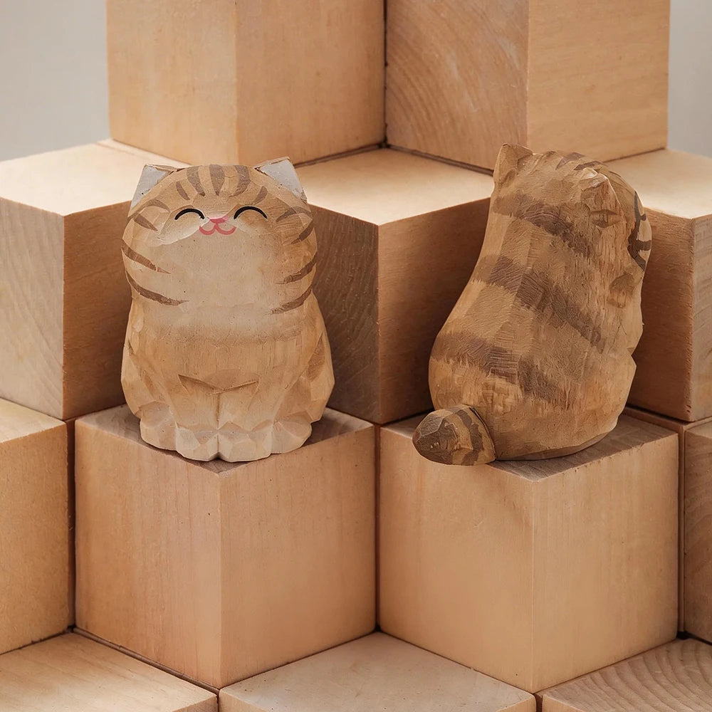 Set of 13 Hand-Carved Wooden Cat Figurines – Basswood Kitty Statues for Desk, Shelf, Car & Home Decor