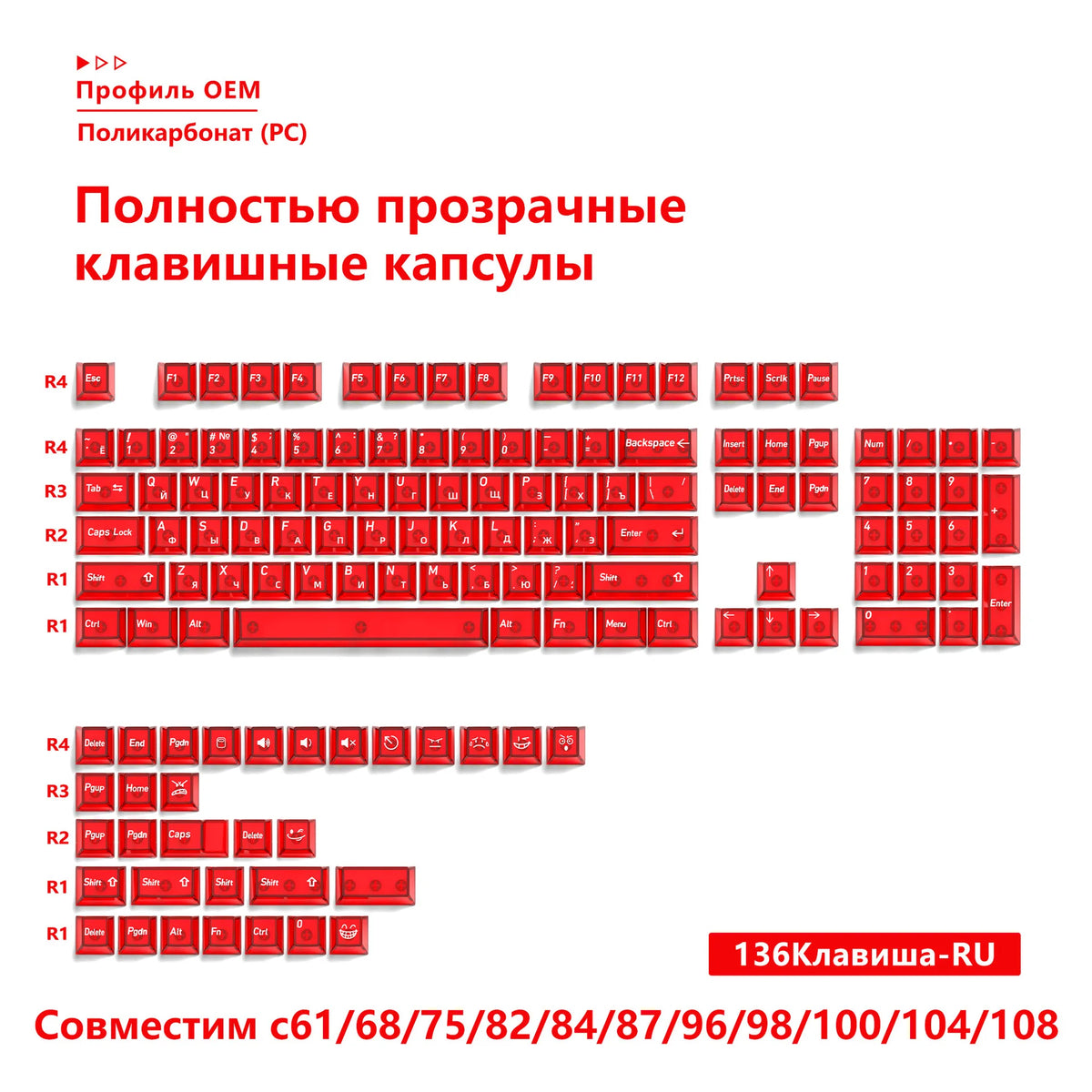 136-Key Transparent Multilingual Keycap Set for Mechanical Keyboards — EN/JP/RU/KR PC Compatible