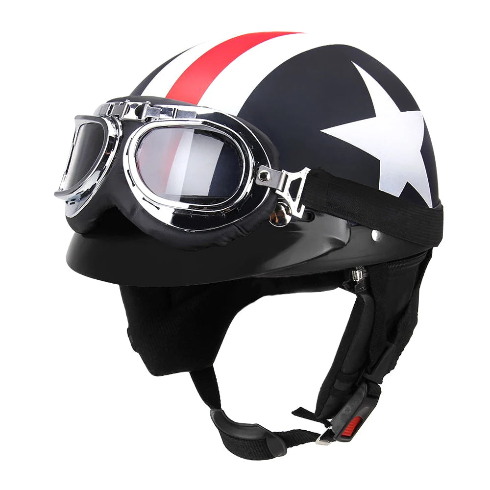 Retro Vintage Half-Face Motorcycle Helmet with Visor & UV Goggles - Unisex Fit 54-60 cm (21.3-23.6 in)