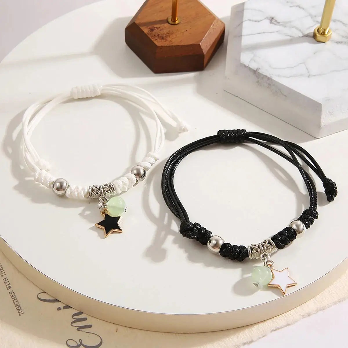2-Piece Luminous Bead Couple Charm Bracelets - Star Moon Heart Cat Flower Matching Set (Unisex)