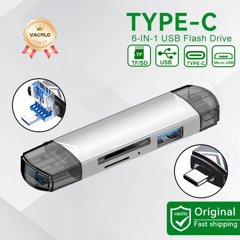 6-in-1 USB-C OTG Card Reader & USB 3.0 Flash Drive Adapter — SD / TF / MicroSD for Phone, Tablet, Laptop