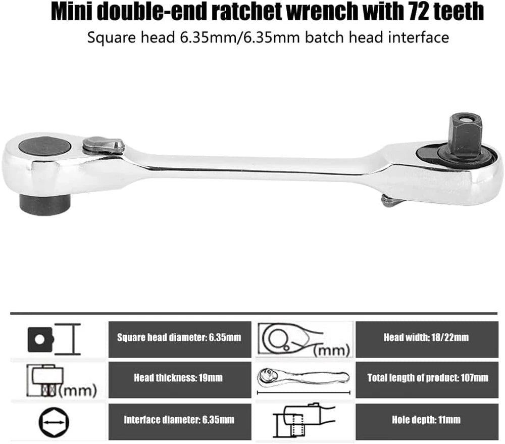 2-in-1 Mini 1/4" (6.35 mm) Ratchet Wrench & Bit Holder — 72-Tooth Double-Head