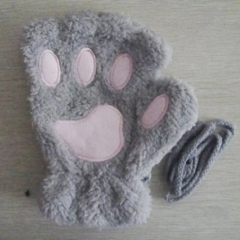 Cute Cat Paw Fingerless Mittens Plush Half-Finger Warm Fluffy Gloves for Women & Unisex