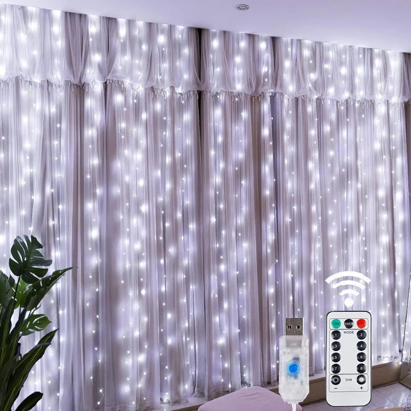 LED Fairy Curtain String Lights with Remote USB — 8 Modes Copper Wire 100–300 LEDs Holiday & Christmas Decor