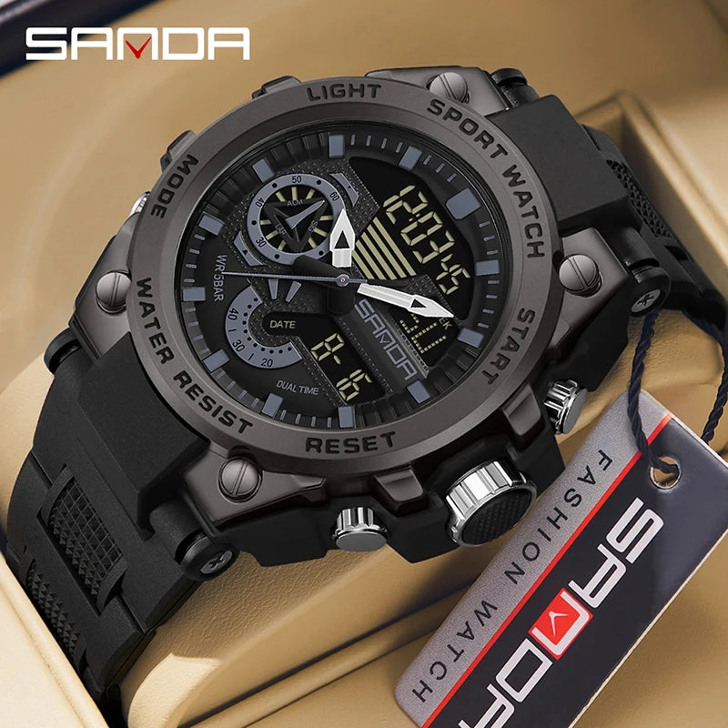 LED Dual Display Men's Digital Sports Watch - Shock Resistant Waterproof Analog-Digital