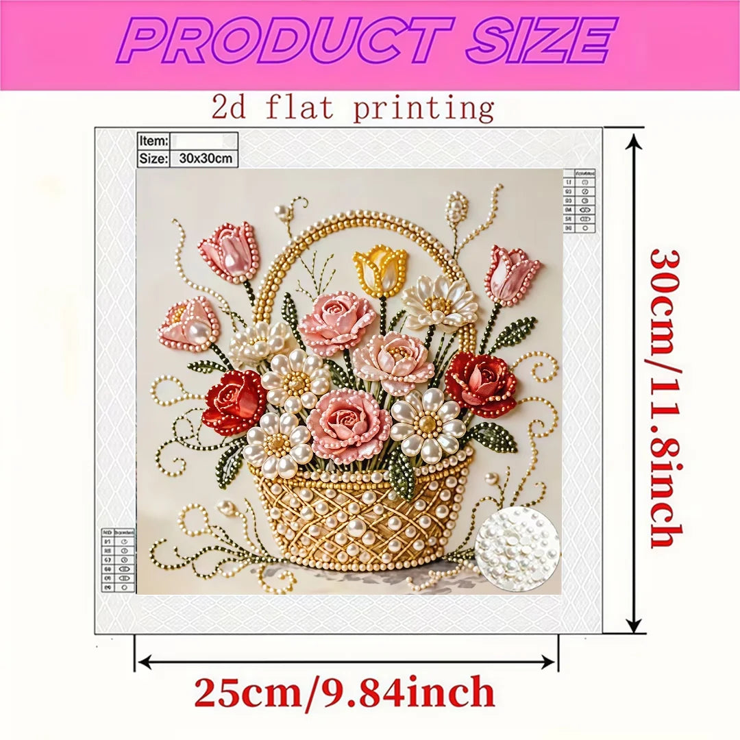 Pearl Flower Diamond Painting Kit, Frameless Partial Drill, Round Resin Beads, 1 Set