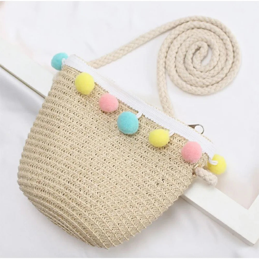 Kids Mini Woven Natural Straw Crossbody Bag for Girls Cute Shoulder Purse