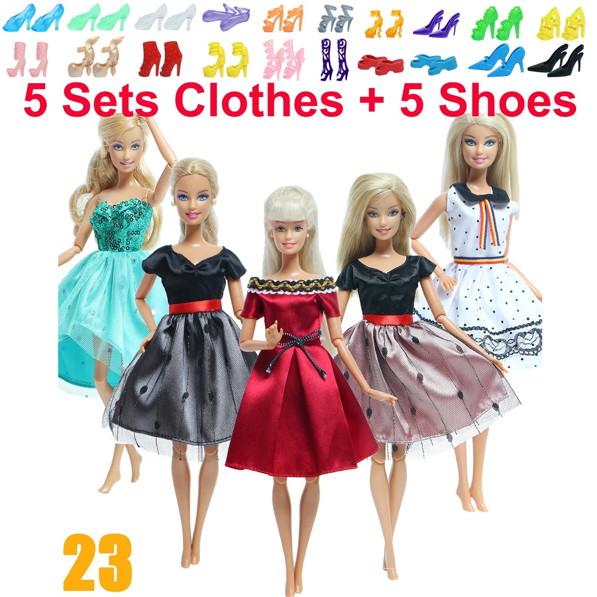 10-Piece 1/6 Scale Doll Clothes Set for 11.5–12 in (30 cm) Dolls — Dresses, Shirts, Pants & Shoes