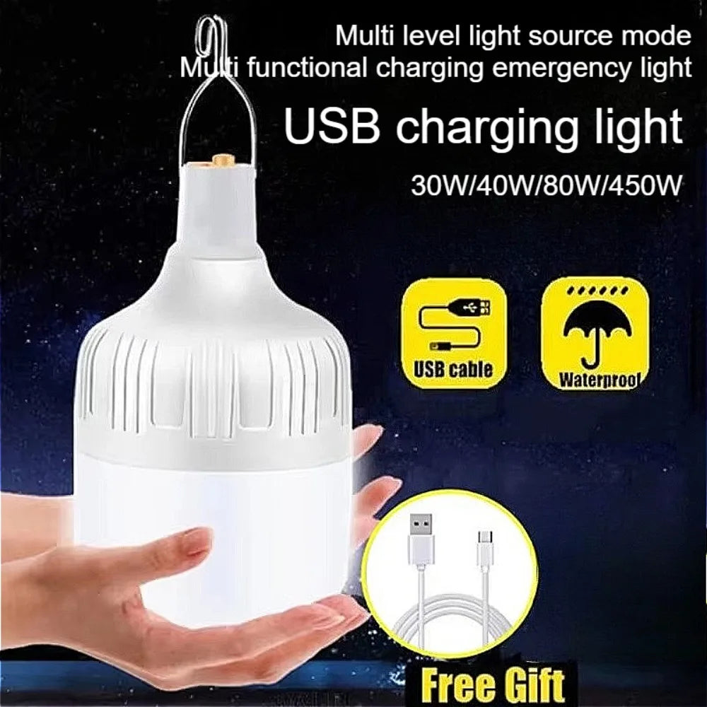 USB Rechargeable High-Power LED Camping Lantern with Hook, Portable Emergency Bulb for BBQ, Tents and Patio