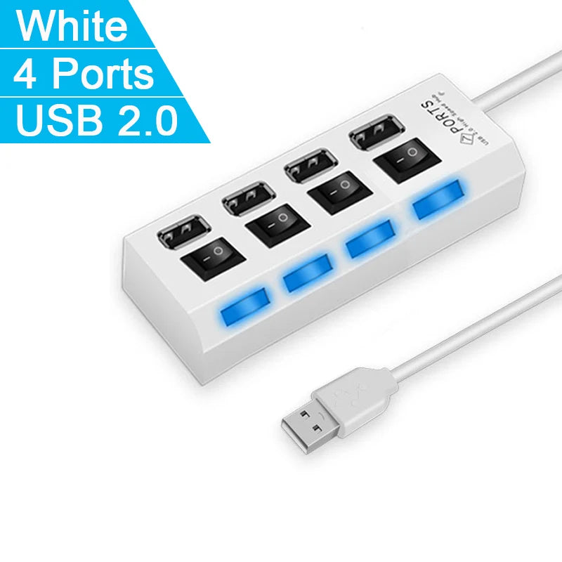 High-Speed USB 2.0 Hub — 4 or 7-Port USB Splitter with Individual On/Off Switches & LED Indicator for PC Laptop