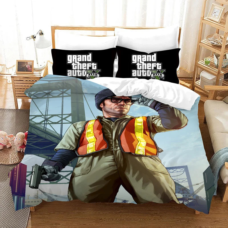 GTA V Cartoon 3-Piece Bedding Set — Printed Duvet Cover & 2 Pillowcases, Twin to King (68×86–104×90 in / 172×218–264×228 cm)