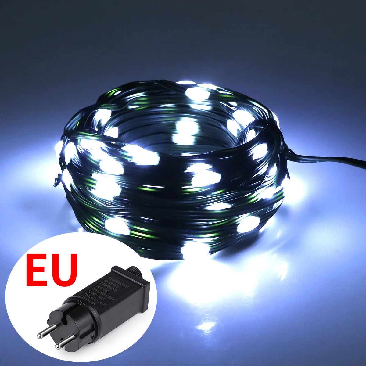Holiday & Christmas Outdoor LED String Lights - Green PVC, Waterproof IP65, 8 Modes, 10–100 m (33–328 ft)