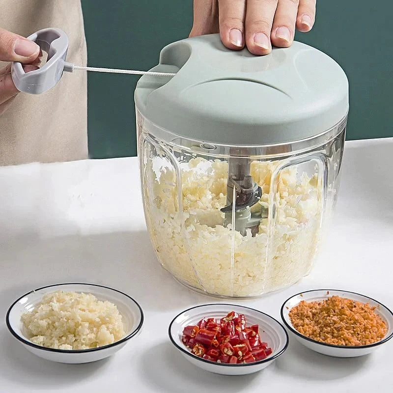Manual Rope Food Chopper — 500ml & 900ml (17 fl oz / 30 fl oz) Stainless Steel Blade Garlic, Onion & Vegetable Slicer