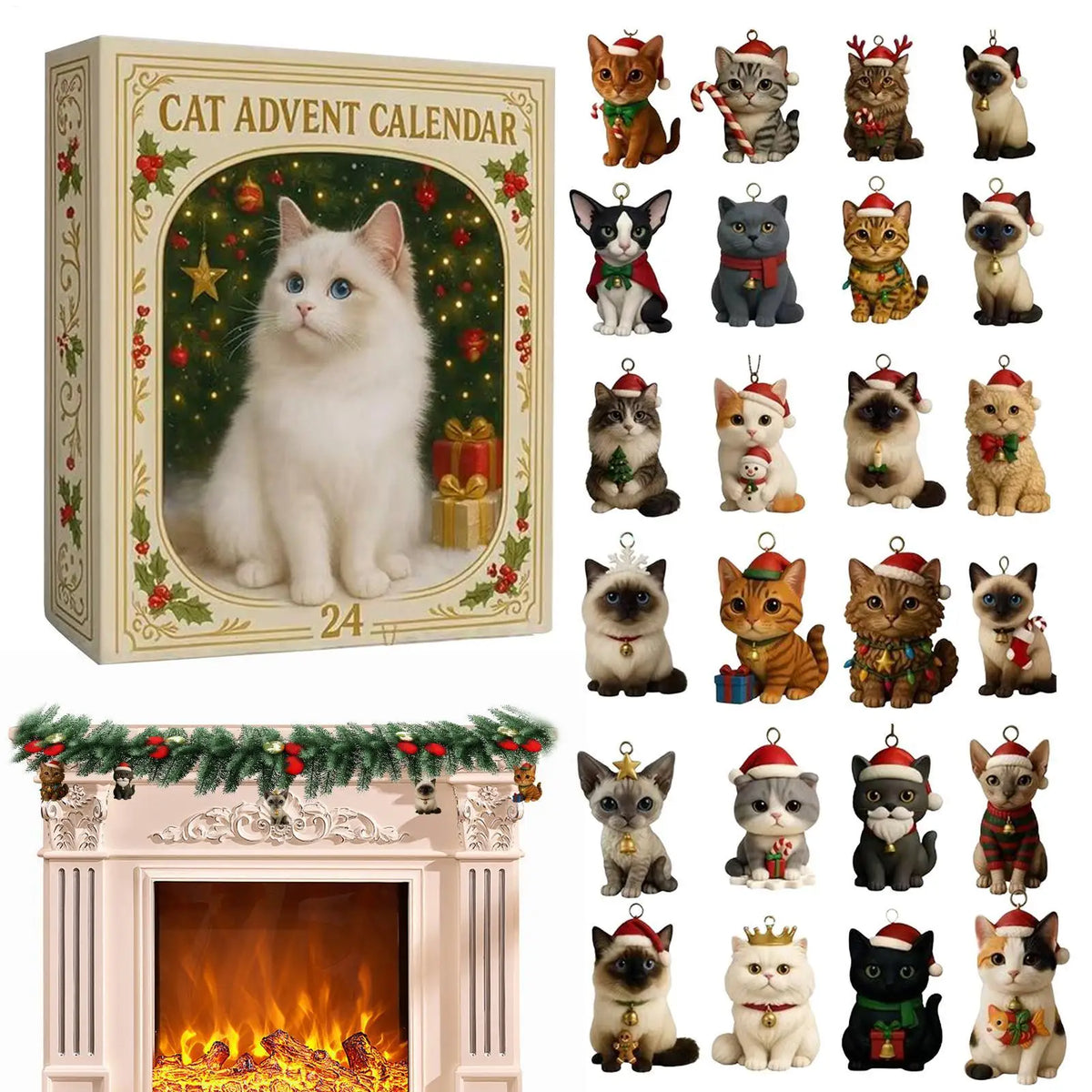 24-Day Cat Advent Calendar – Hangable Christmas Countdown with 2D Acrylic Kitten Ornaments