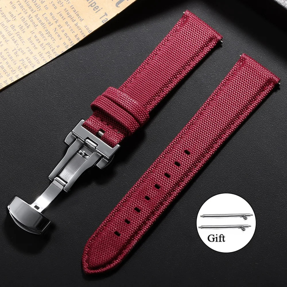 Sailcloth Nylon Leather Watch Strap 20mm 22mm Quick-Release Waterproof Butterfly Clasp Unisex Business Watch Band