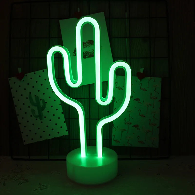 Green LED Cactus Neon Table Lamp with Base - Decorative Bedroom Night Light for Wedding & Party Decor